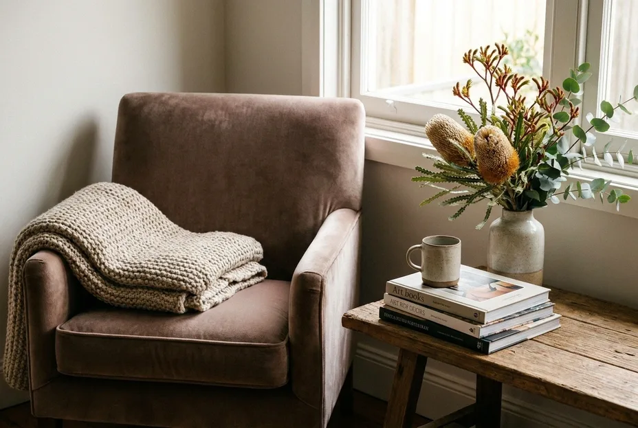 Quiet corner with a velvet armchair, knitted blanket and native flowers supporting hormonal and emotional wellbeing in Shellharbour