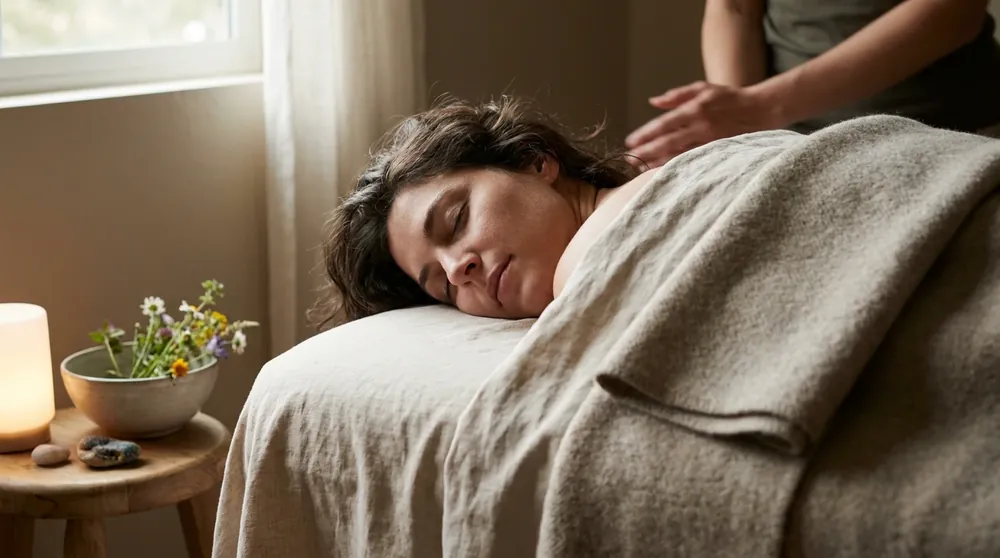 Client resting on the treatment table during a session at the Stream Hill studio