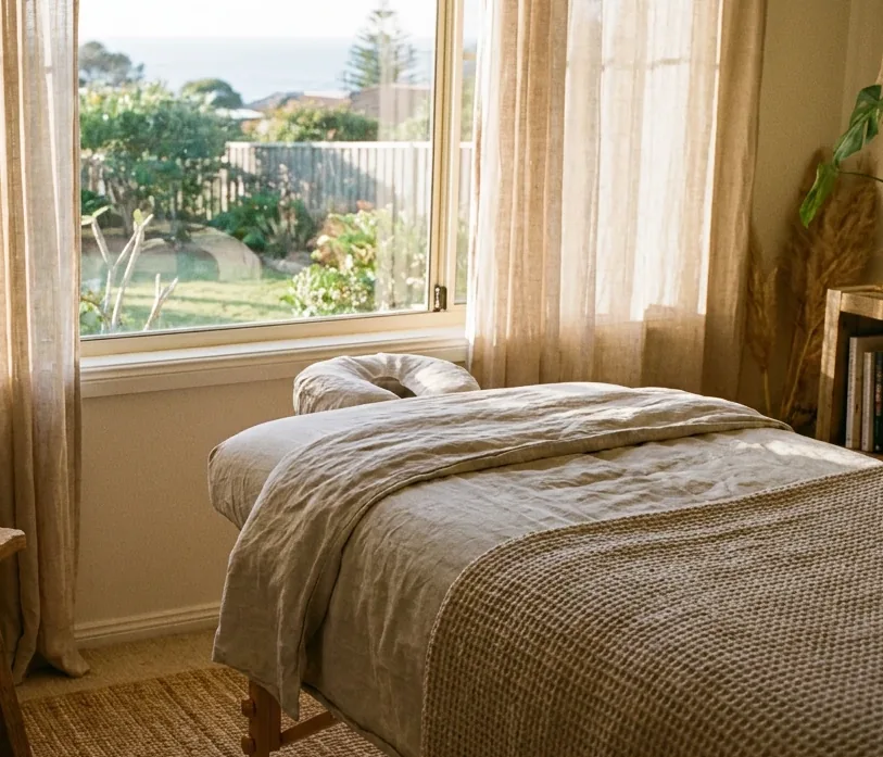 Linen-dressed treatment table in the Stream Hill studio beside a window looking out to the ocean