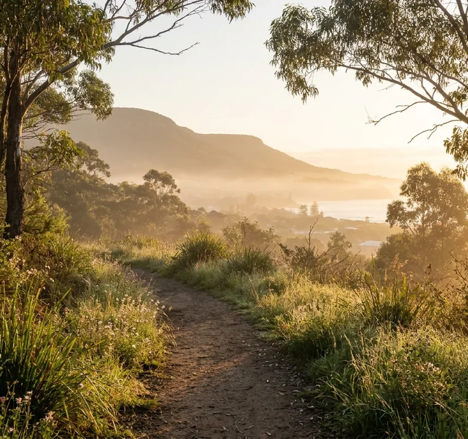 Misty Illawarra escarpment and coastline at sunrise seen from a eucalypt bush track