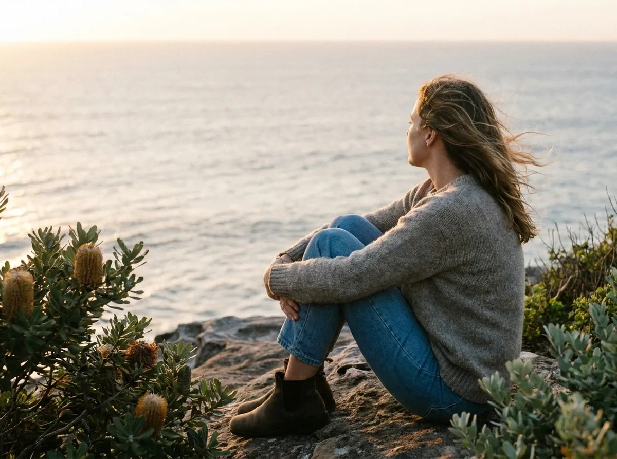 Woman sitting on a coastal headland among banksia, looking out over the ocean at golden hour