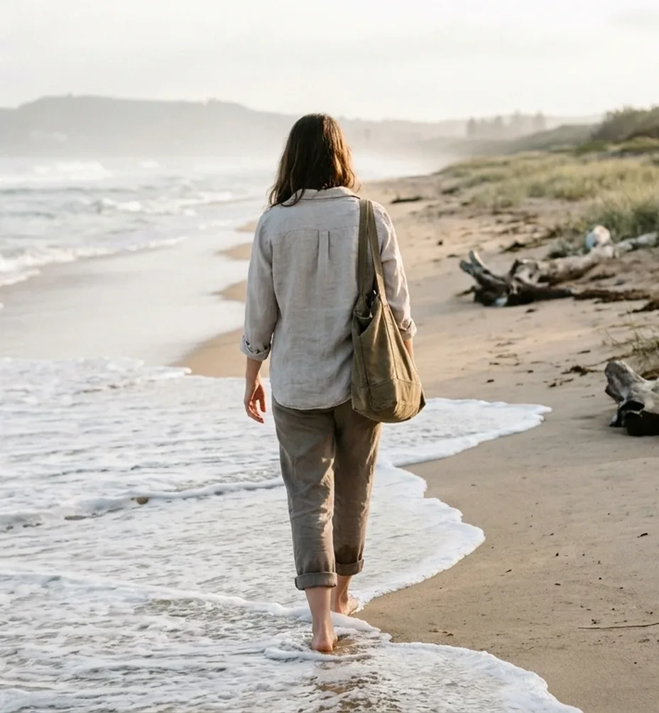 Woman walking barefoot along the shoreline at sunrise on a Wollongong beach