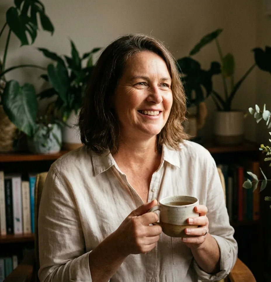 Smiling woman holding a ceramic cup among indoor plants during a women's wellness session in Kiama