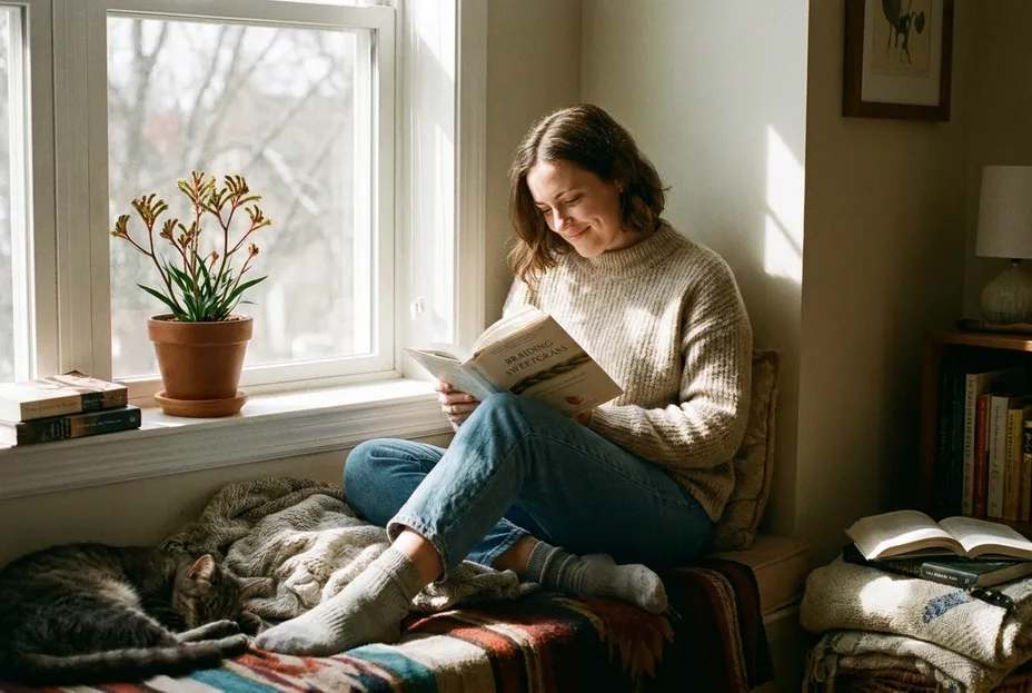 Woman reading quietly by a sunlit window with a sleeping cat while recovering from stress and burnout in Shellharbour