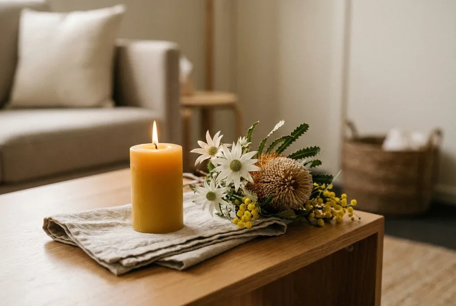 Beeswax candle and native flannel flowers on a linen cloth in the Reiki healing room for Thirroul clients