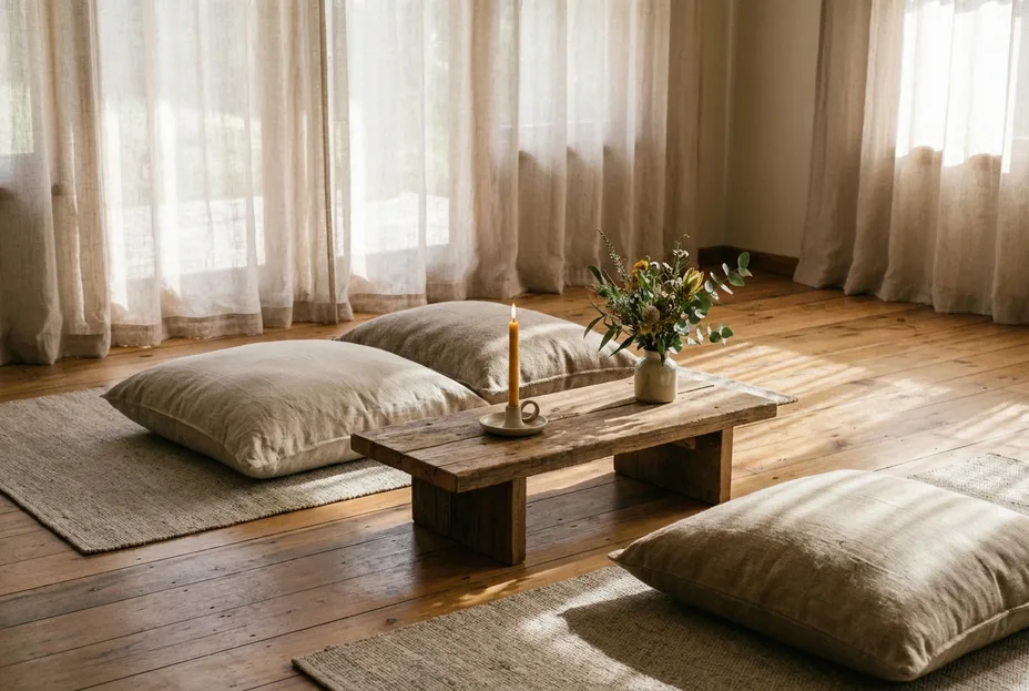 Sunlit Stream Hill treatment room with linen floor cushions, timber table and native flowers