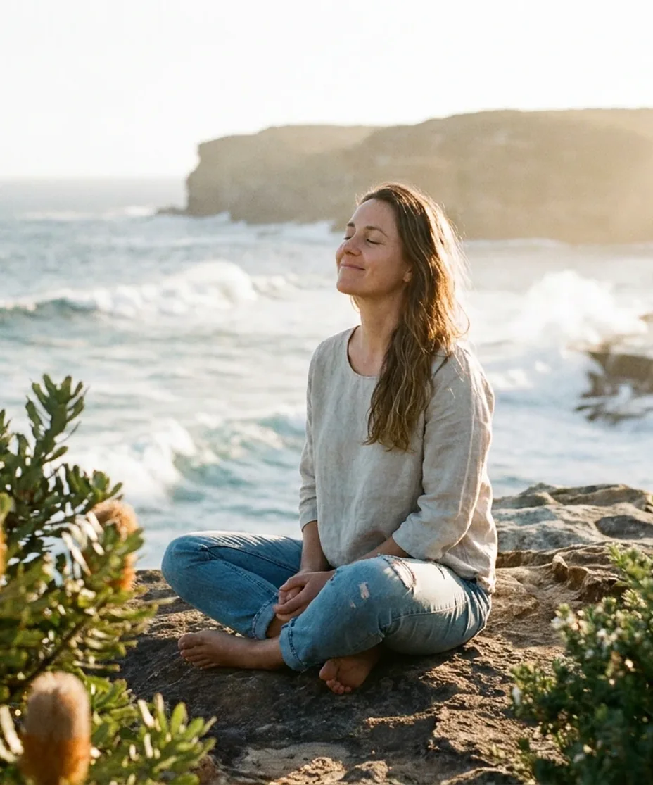 Woman sitting cross-legged on a coastal headland near Kiama recovering from stress and burnout