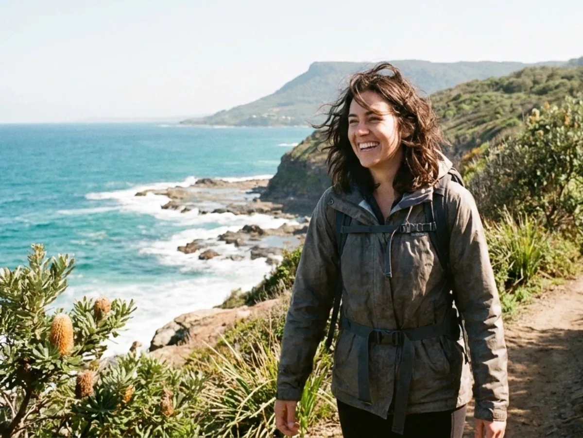 Smiling woman in a raincoat walking a coastal bush track above the ocean near Thirroul