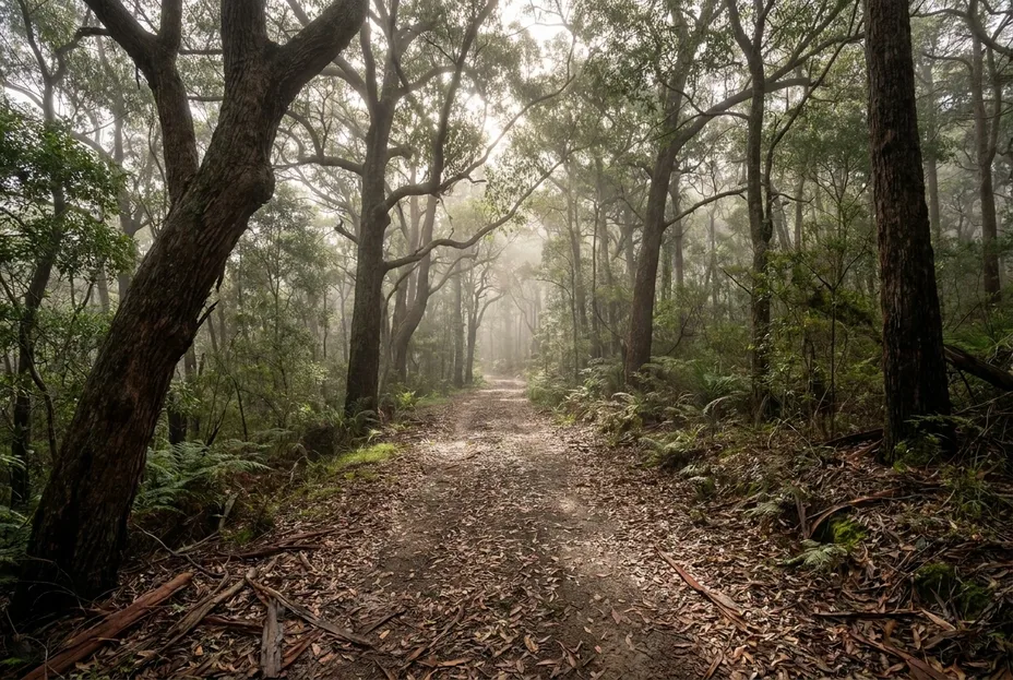 Misty eucalypt bush path near Thirroul, reflecting the gentle pace of hormonal and emotional wellbeing sessions