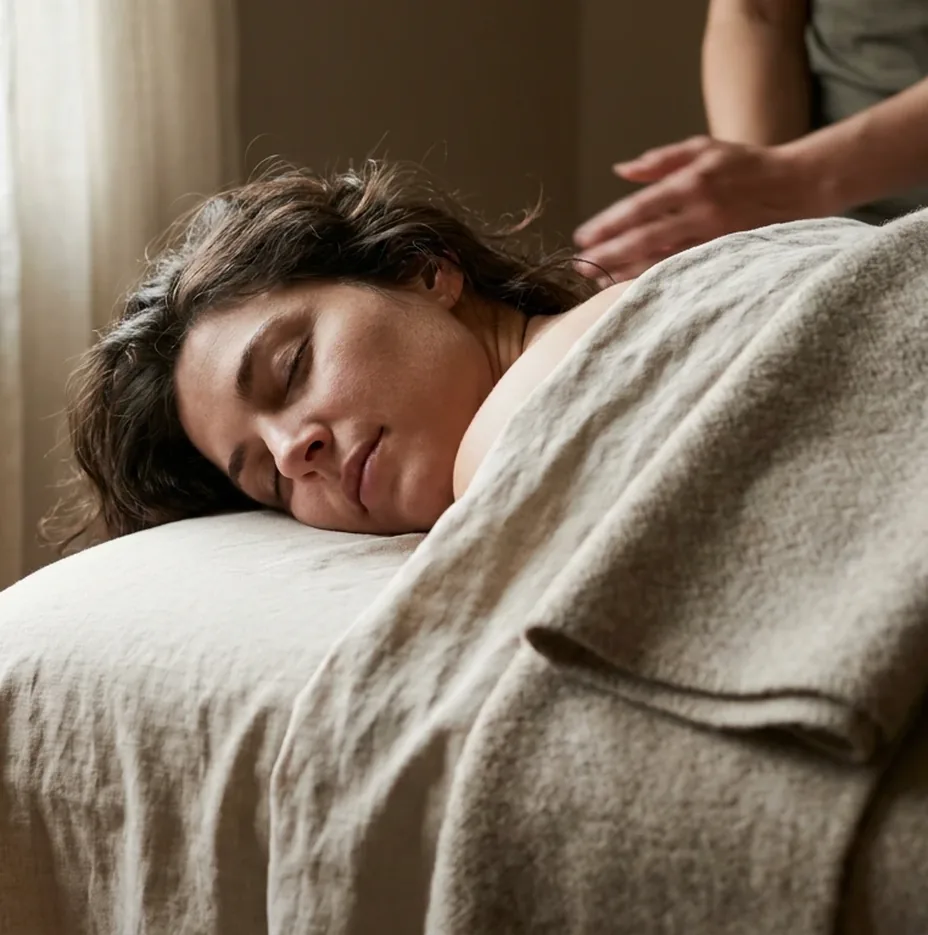 Woman resting on a massage table under a linen blanket during a Reiki healing session in Kiama