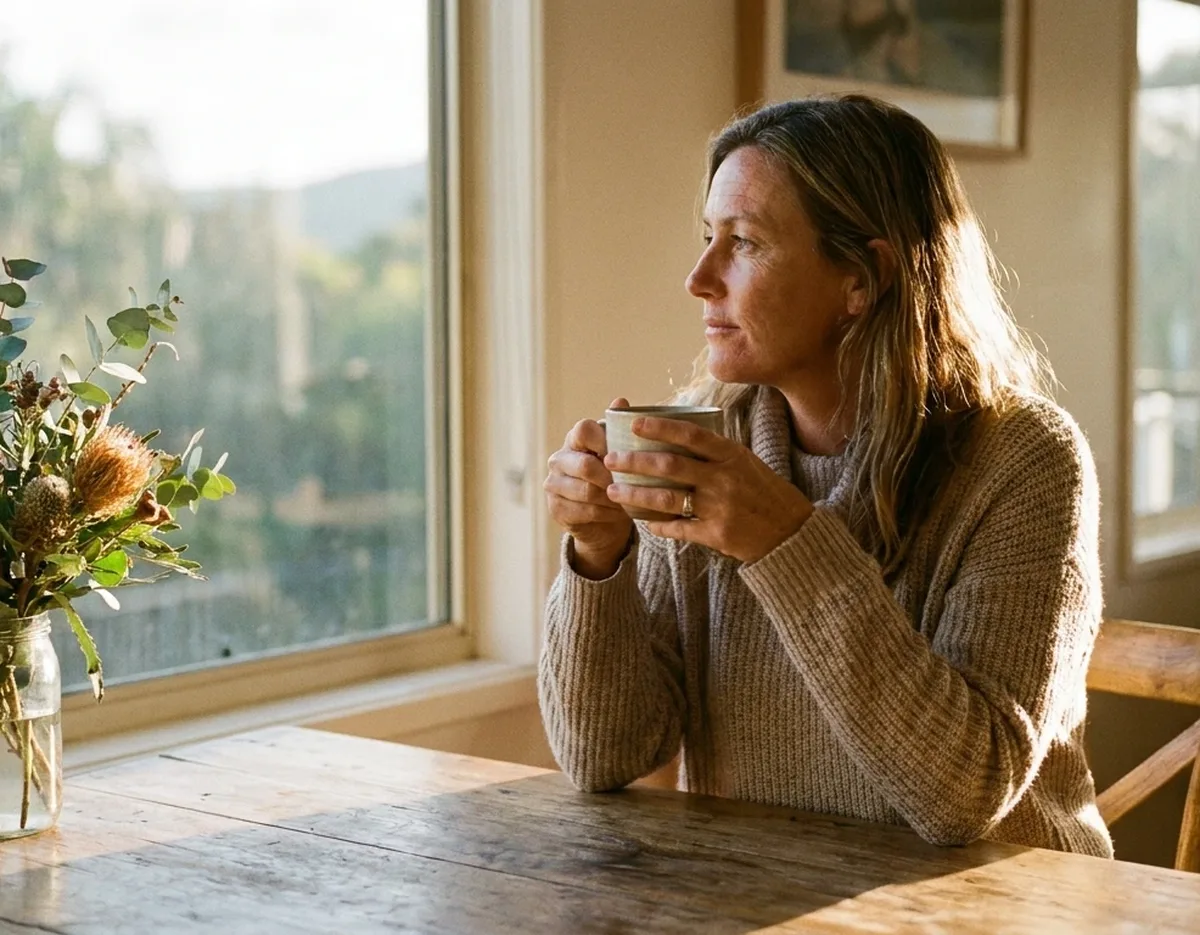 Woman holding a warm cup at a timber table beside a window, native banksia in a jar