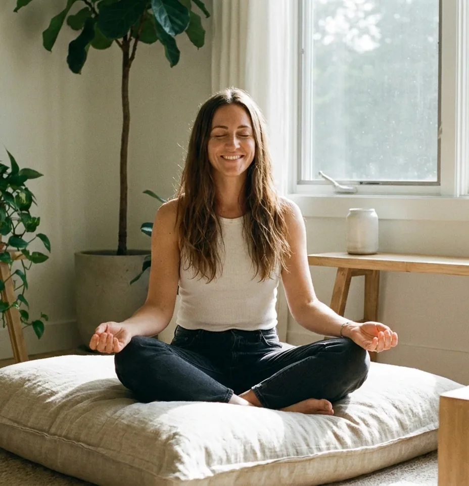 Woman meditating on a floor cushion by a sunlit window, supporting hormonal and emotional wellbeing in Kiama