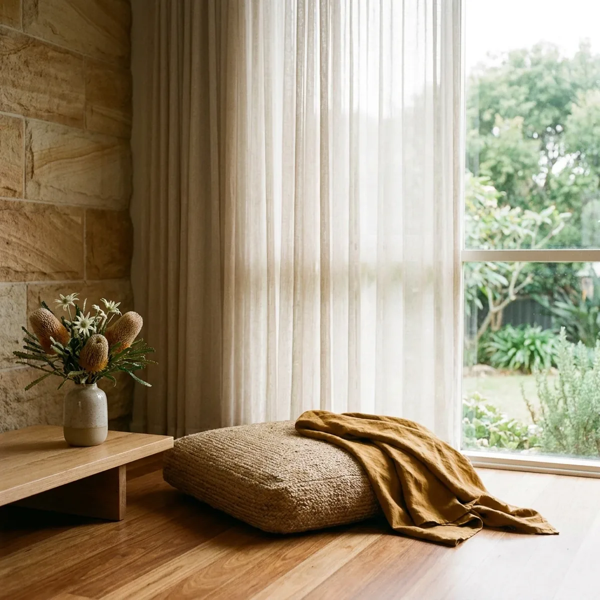 Sunlit corner of the Stream Hill studio with a woven floor cushion, linen throw and native banksia flowers