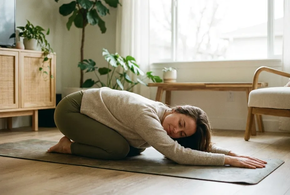 Woman resting in child’s pose on a mat in a plant-filled room during a Reiki healing session for Shellharbour clients