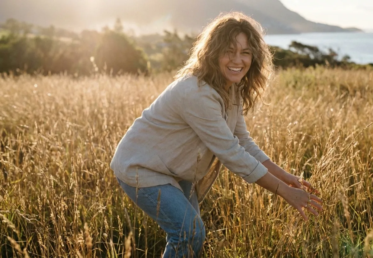 Woman laughing in a sunlit coastal grassland near Shellharbour with the escarpment and ocean behind