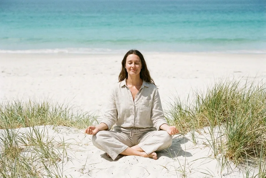 Woman meditating cross-legged on a white sand beach near Thirroul while recovering from stress and burnout