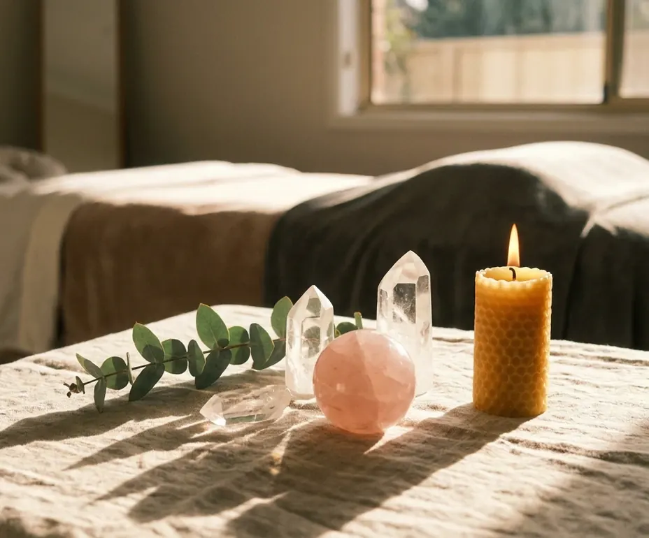 Rose quartz sphere, clear quartz points, eucalyptus and a beeswax candle on the treatment table