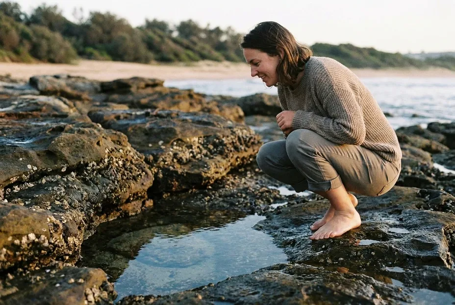 Woman crouching beside a rock pool at sunrise on the coast near Thirroul during a women’s wellness session