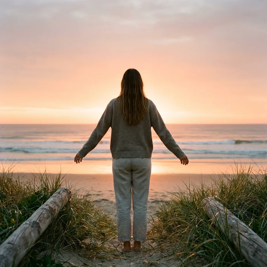 Woman standing on a dune path at sunrise with her arms open, facing the ocean