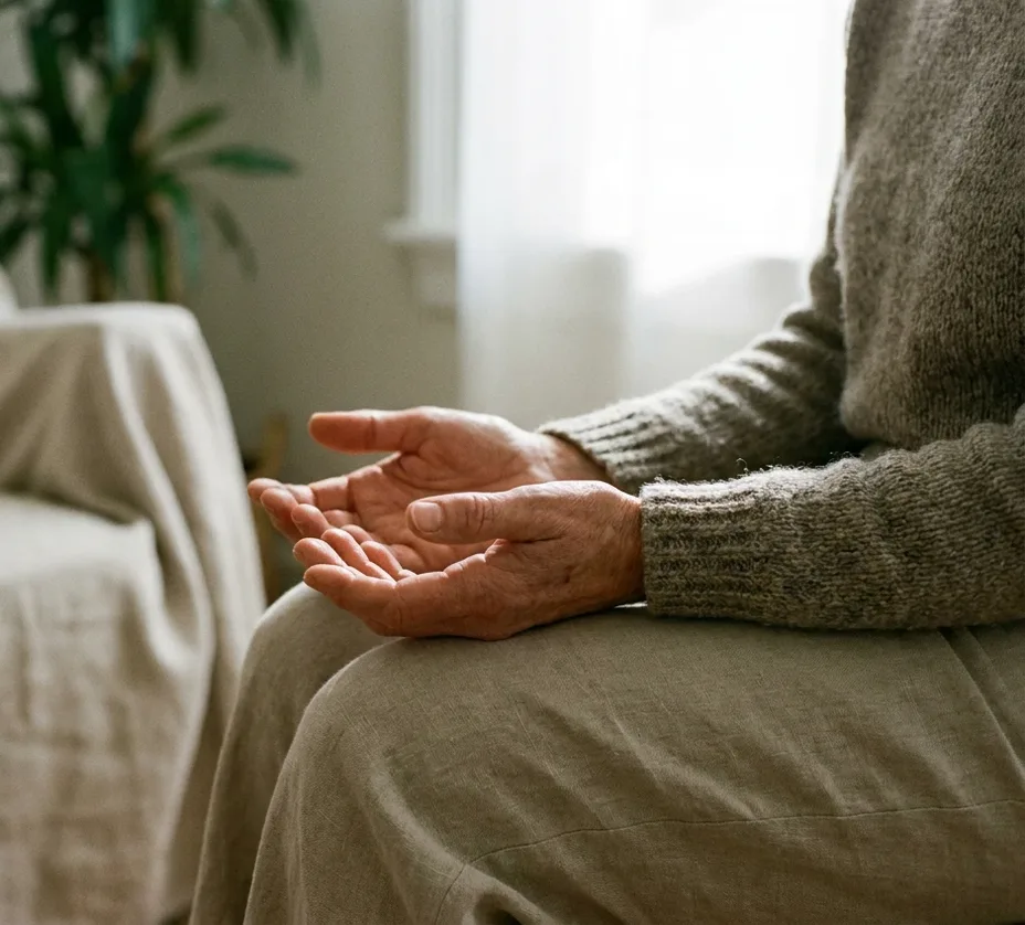 Woman seated in a sunlit room with open, resting hands during a women's wellness session